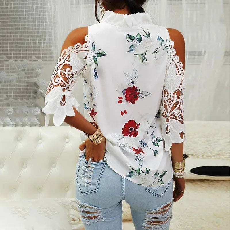 Blusa Elegante Casual Flor Estampada e Renda