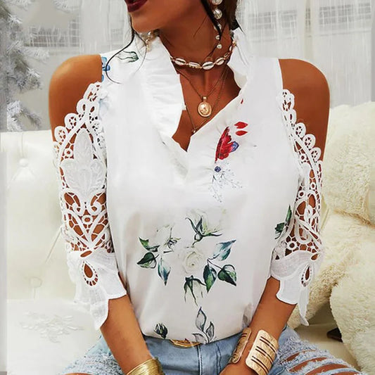 Blusa Elegante Casual Flor Estampada e Renda