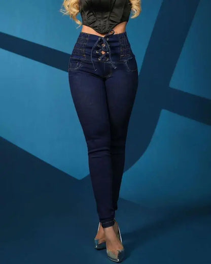 Calça Jeans Skinny Cintura Alta Com Ilhós